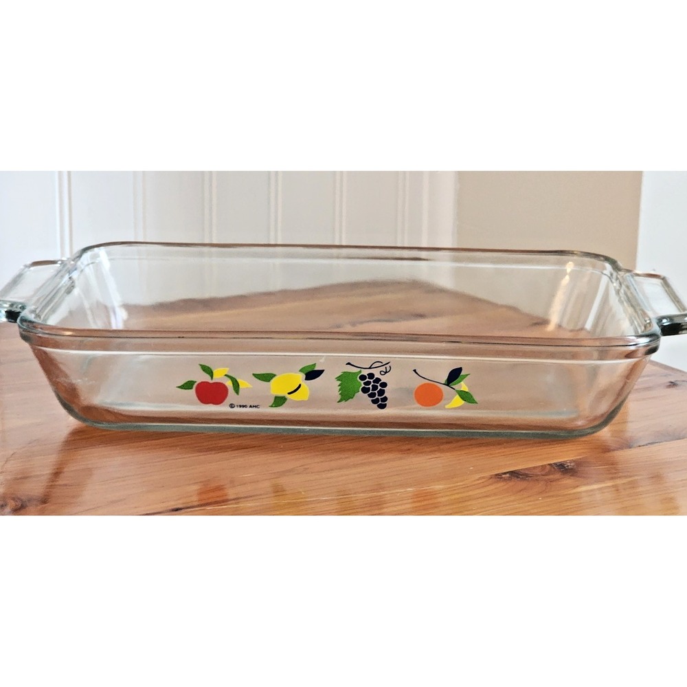 Anchor Ovenware Glass Rectangular Baking Dish w/Handles Fruit Design 8x11.5x2 in